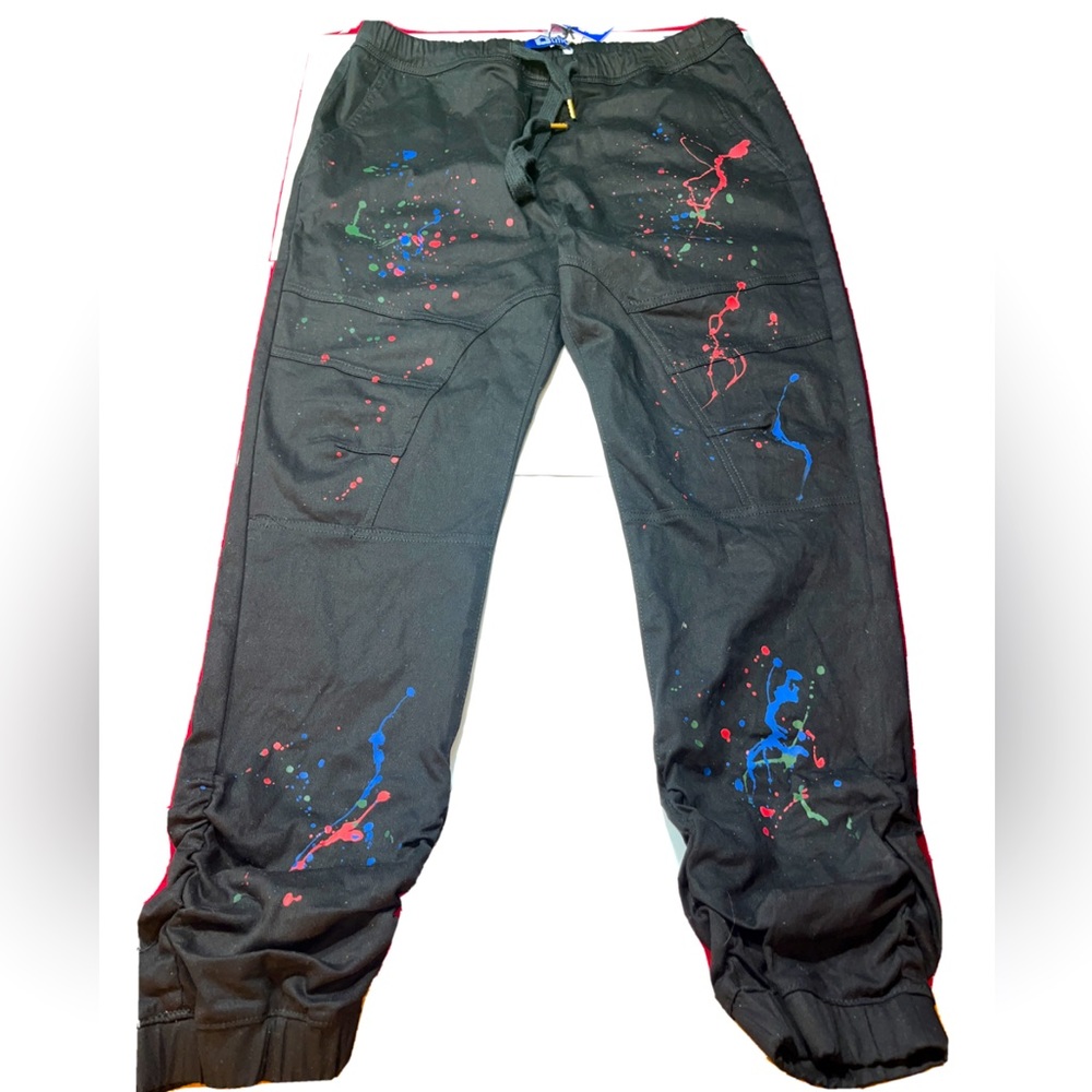 Demolition black PAINT Splatter JEANS jogger Pants gathered LEG Stretch Waist 2X